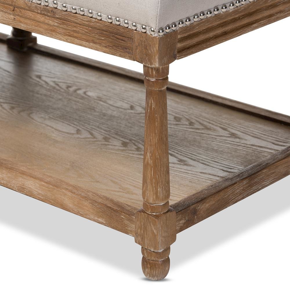 Celeste French Country Weathered Oak Beige Linen Upholstered Ottoman Bench. Picture 13