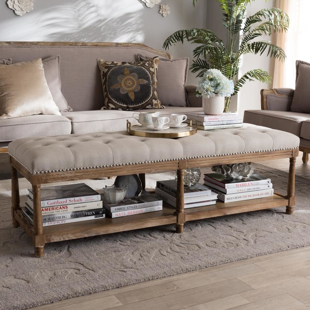 Celeste French Country Weathered Oak Beige Linen Upholstered Ottoman Bench. Picture 14