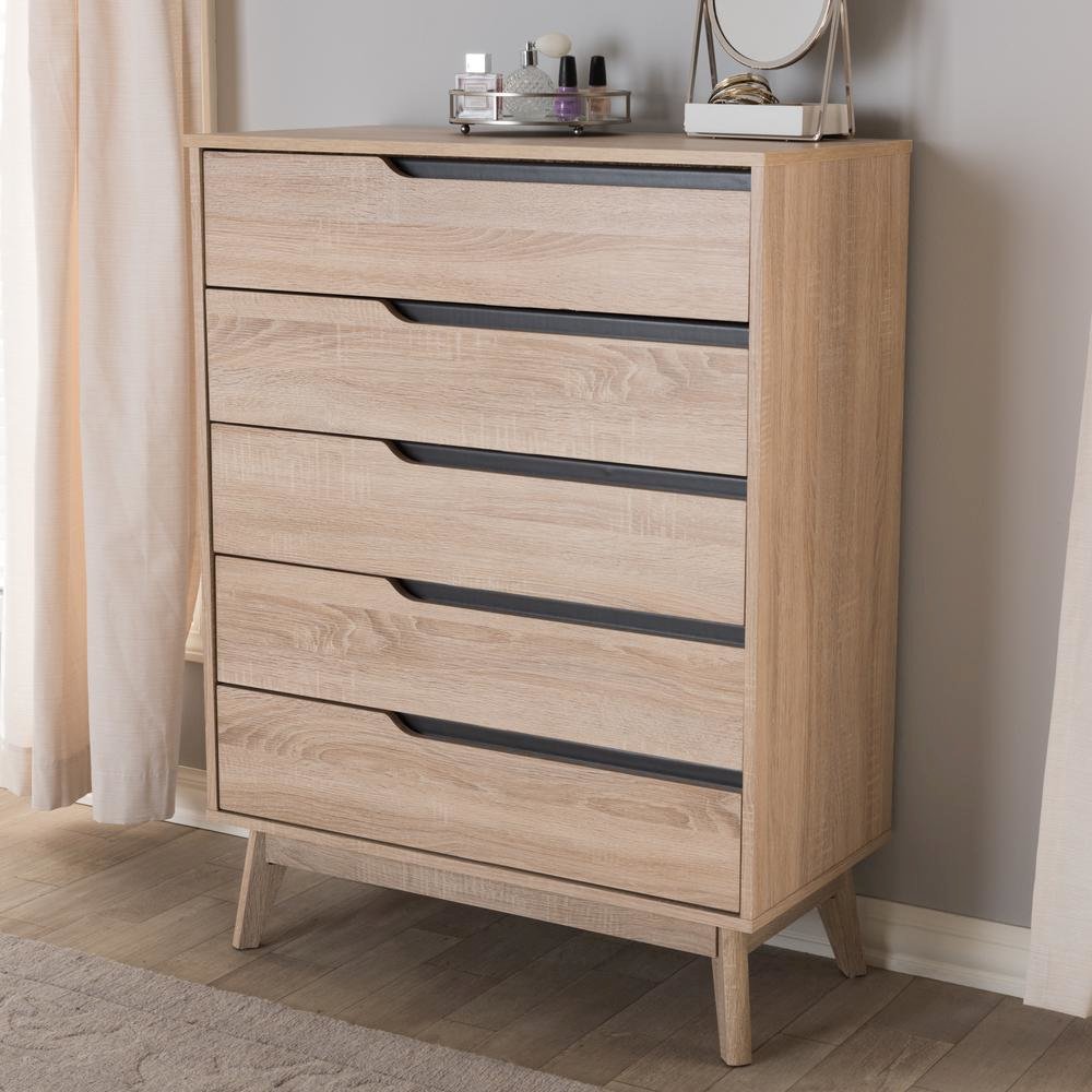 Baxton Studio Fella Mid-Century Modern Two-Tone Oak and Grey Wood 5-Drawer Chest. Picture 12