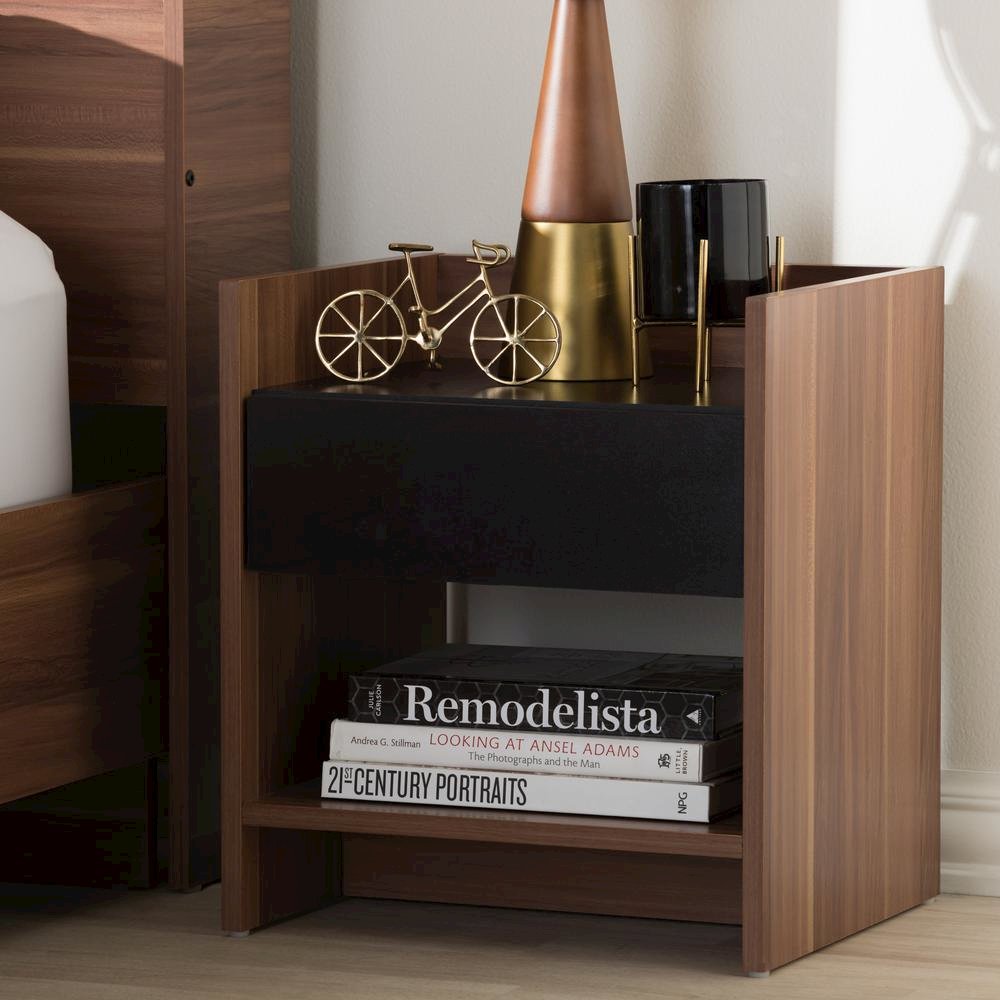 Vanda Modern and Contemporary Two-Tone Walnut and Black Wood 1-Drawer Nightstand. Picture 12