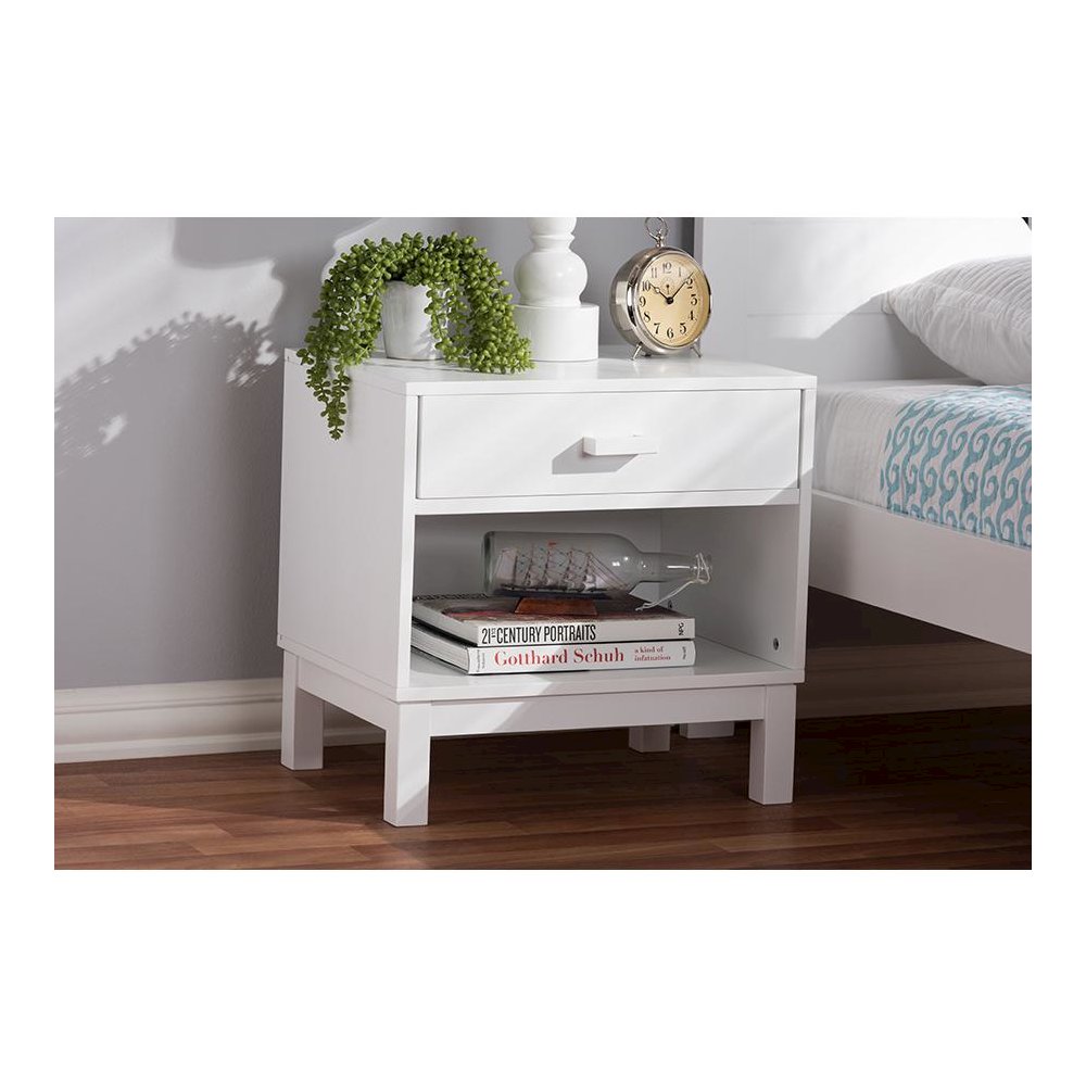 Deirdre Modern and Contemporary White Wood 1-Drawer Nightstand. Picture 9