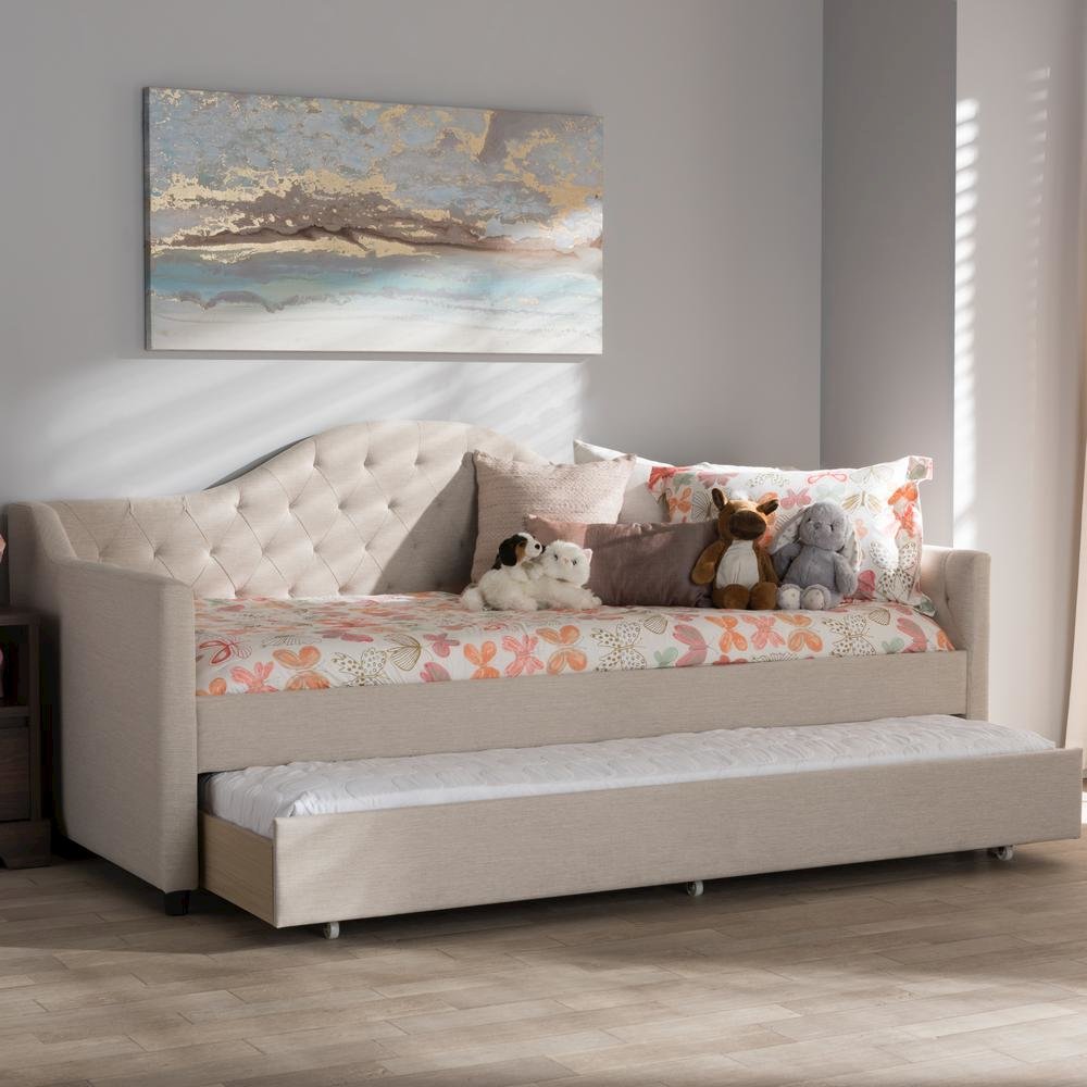 Perry Modern and Contemporary Light Beige Fabric Daybed with Trundle. Picture 22