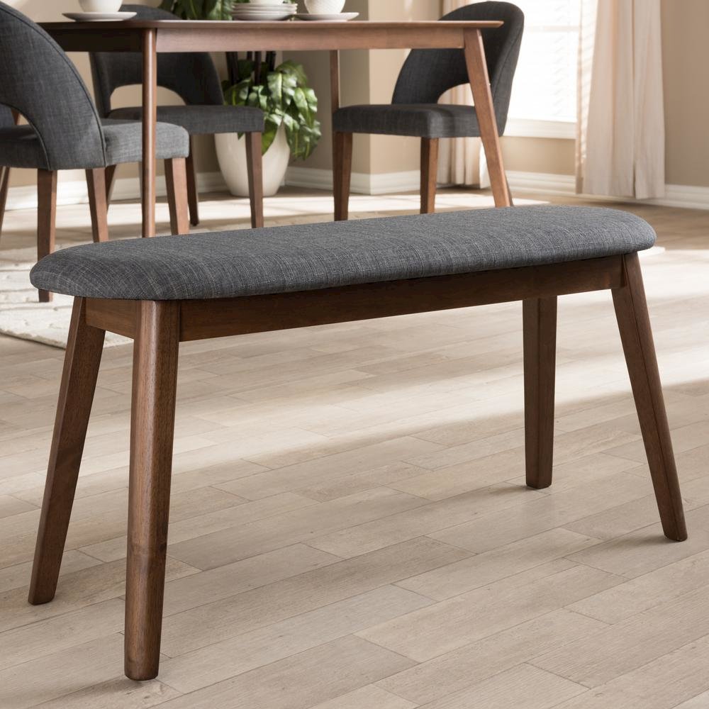 Dark Grey Fabric Upholstered Walnut Finished Wood Bench. Picture 14