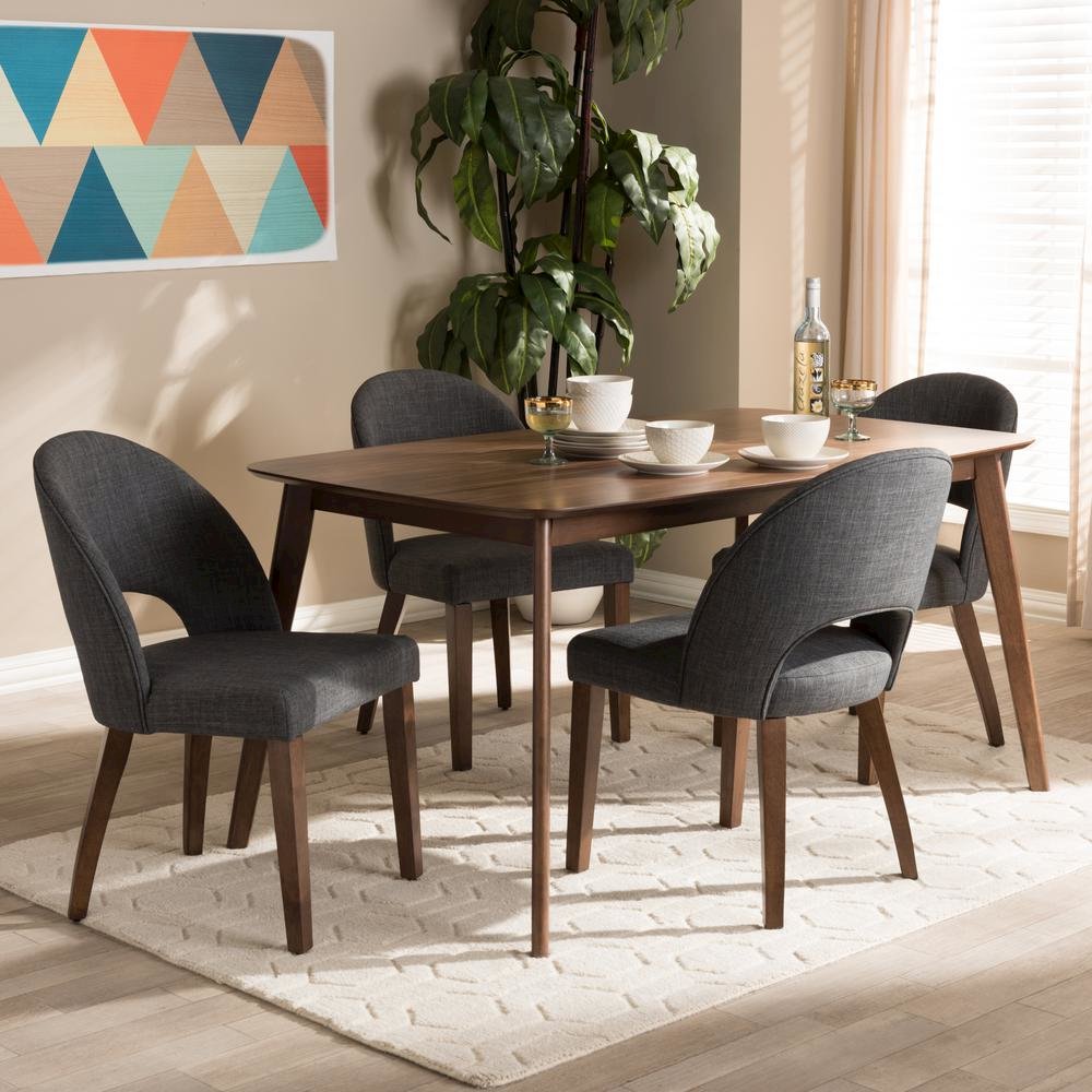 Dark Grey Fabric Upholstered Walnut Finished Wood 5-Piece Dining Set. Picture 10