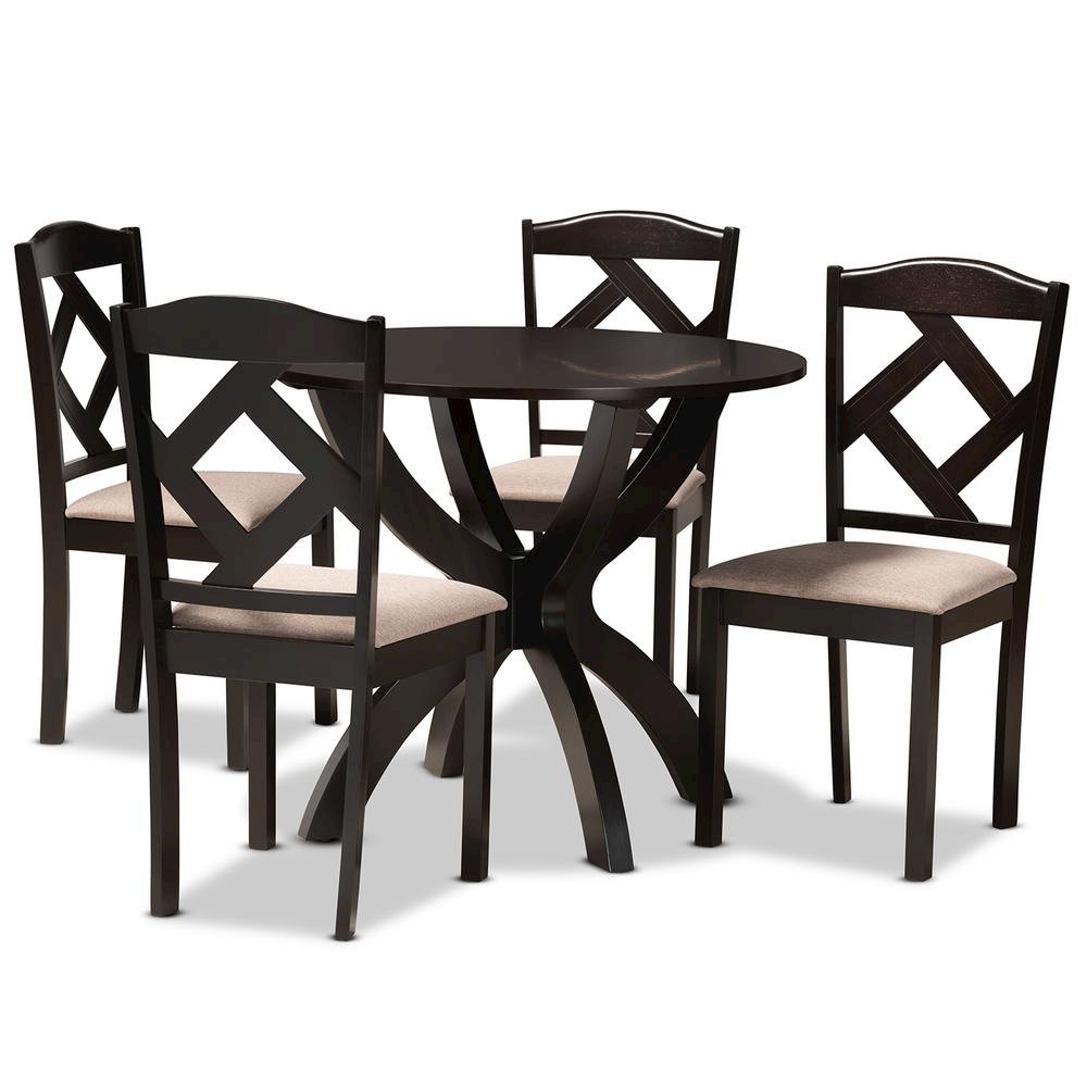 Sand Fabric Upholstered and Dark Brown Finished Wood 5-Piece Dining Set. Picture 10