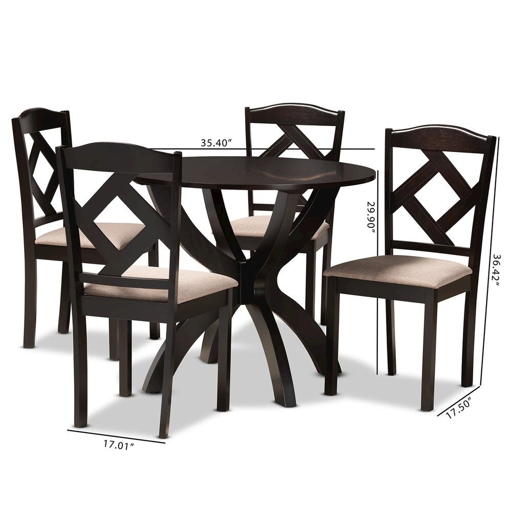 Sand Fabric Upholstered and Dark Brown Finished Wood 5-Piece Dining Set. Picture 18