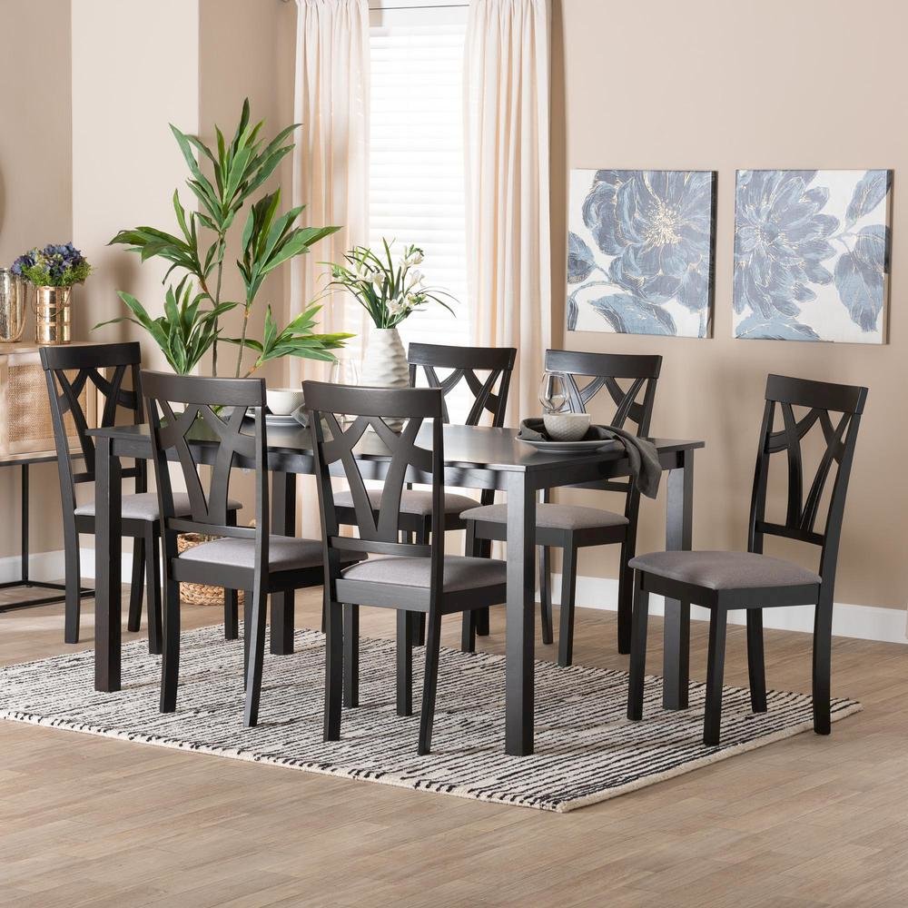 Sylvia Modern Grey Fabric and Dark Brown Finished Wood 7-Piece Dining Set. Picture 18
