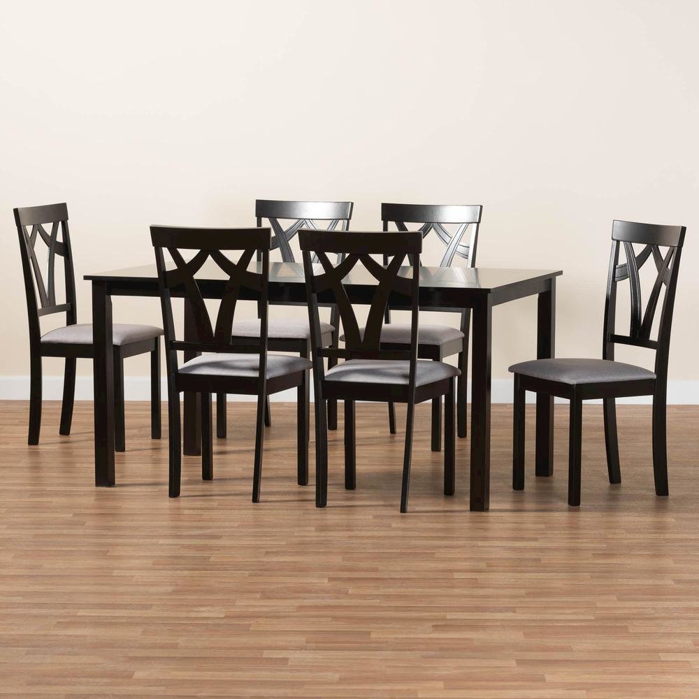 Sylvia Modern Grey Fabric and Dark Brown Finished Wood 7-Piece Dining Set. Picture 19