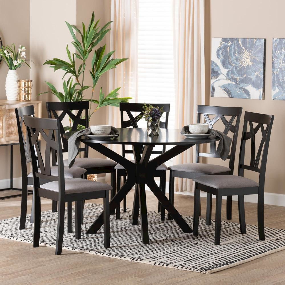 Luise Modern Grey Fabric and Dark Brown Finished Wood 7-Piece Dining Set. Picture 18
