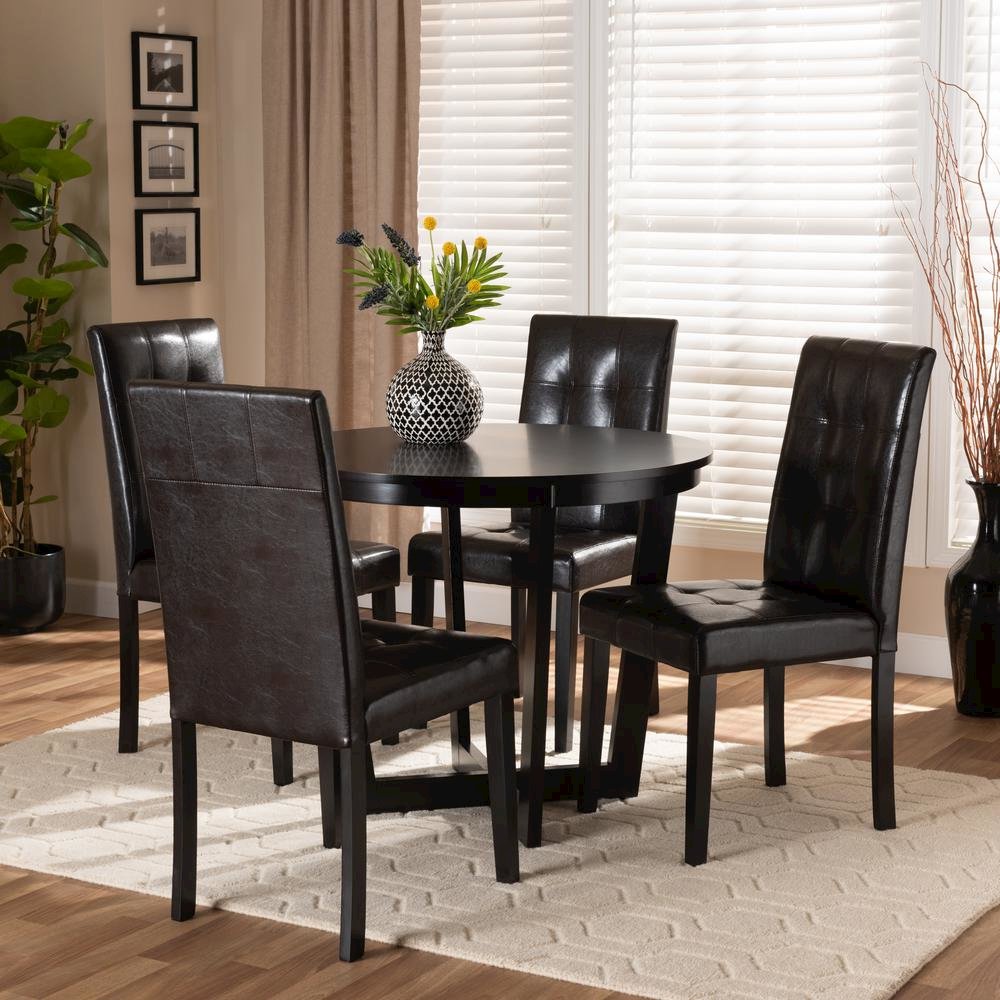 Leather Upholstered and Dark Brown Finished Wood 5-Piece Dining Set. Picture 16