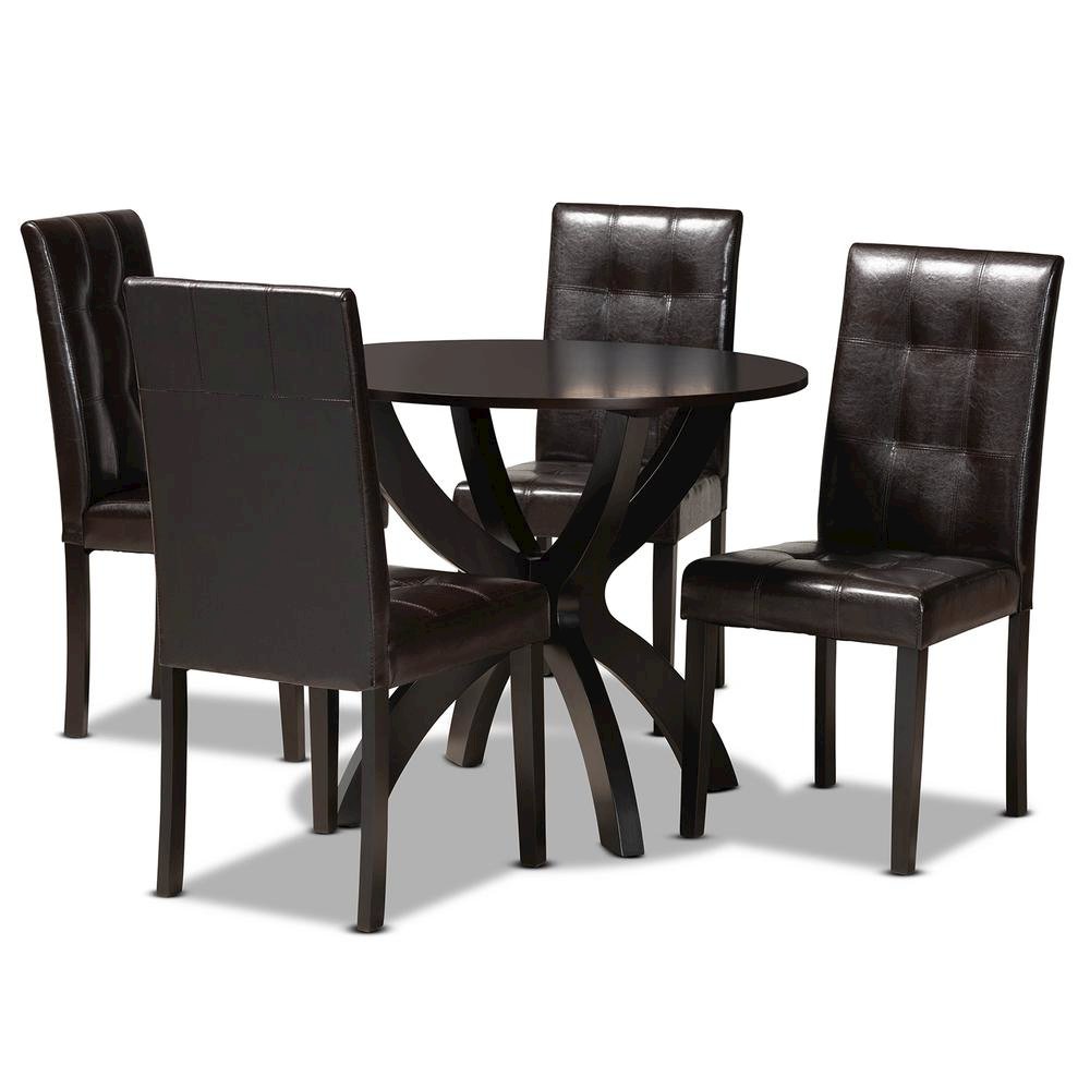 Leather Upholstered and Dark Brown Finished Wood 5-Piece Dining Set. Picture 10