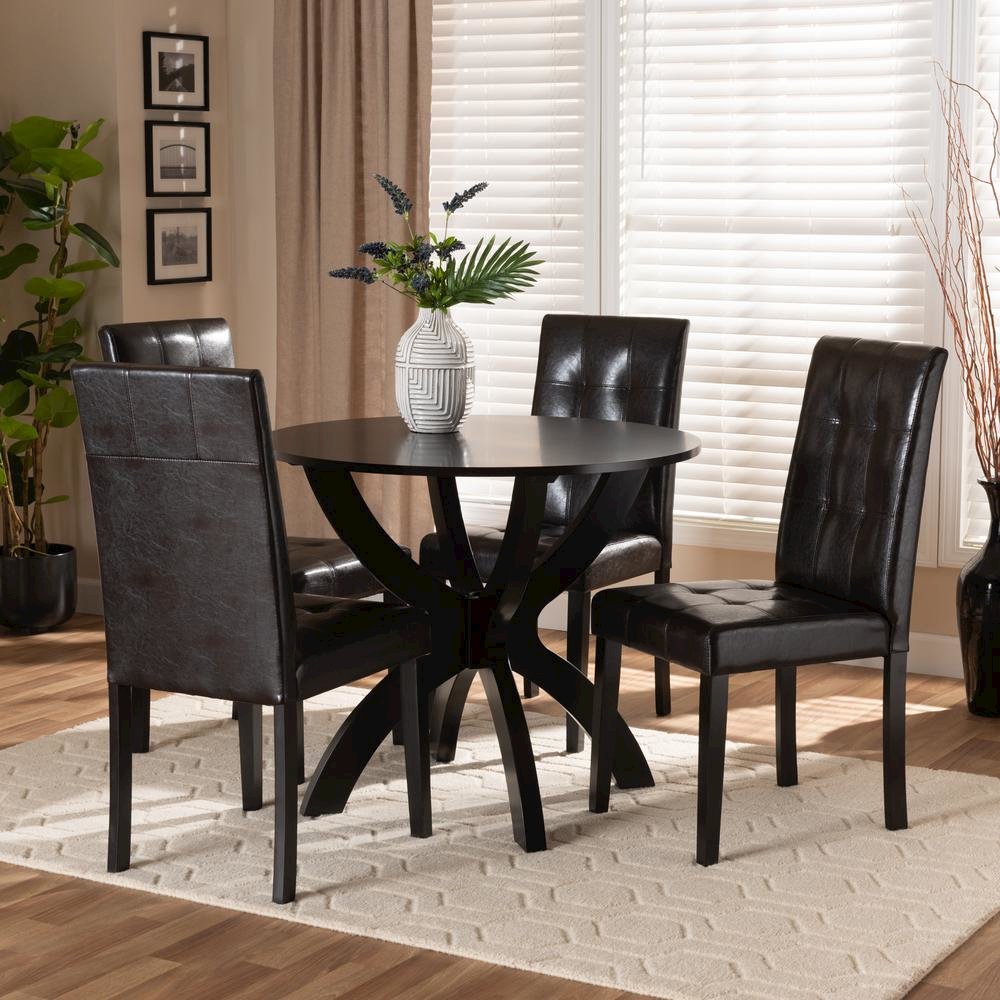 Leather Upholstered and Dark Brown Finished Wood 5-Piece Dining Set. Picture 16