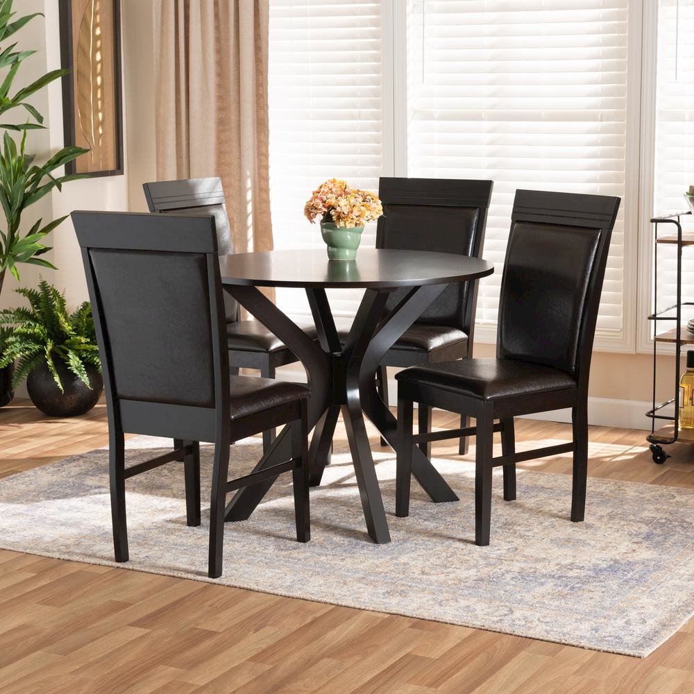 Leather Upholstered and Dark Brown Finished Wood 5-Piece Dining Set. Picture 16