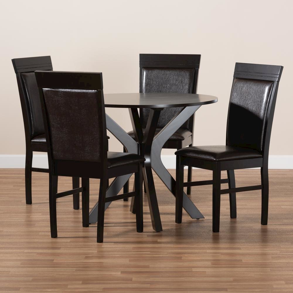 Leather Upholstered and Dark Brown Finished Wood 5-Piece Dining Set. Picture 17
