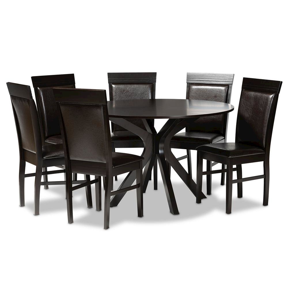 Leather Upholstered and Dark Brown Finished Wood 7-Piece Dining Set. Picture 10
