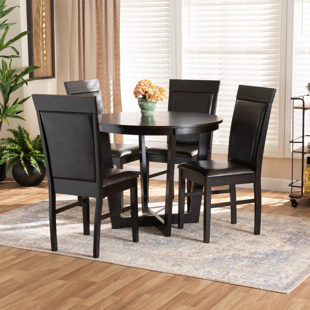 Leather Upholstered and Dark Brown Finished Wood 5-Piece Dining Set. Picture 16
