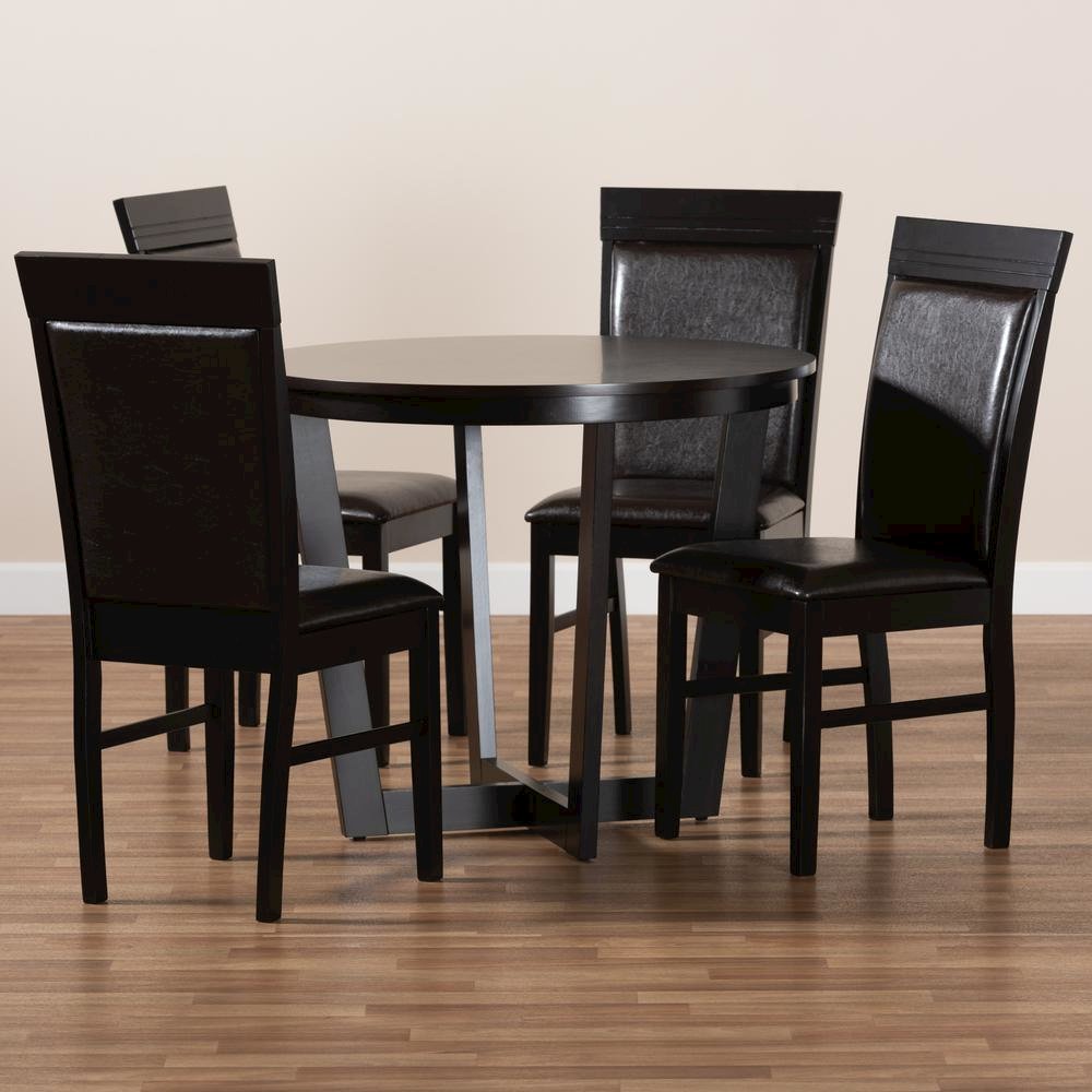 Leather Upholstered and Dark Brown Finished Wood 5-Piece Dining Set. Picture 17