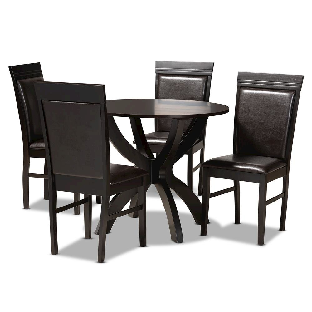 Leather Upholstered and Dark Brown Finished Wood 5-Piece Dining Set. Picture 10