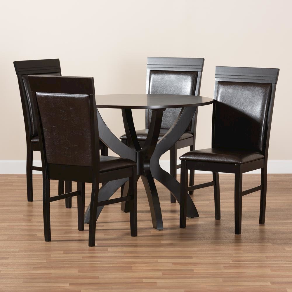 Leather Upholstered and Dark Brown Finished Wood 5-Piece Dining Set. Picture 17