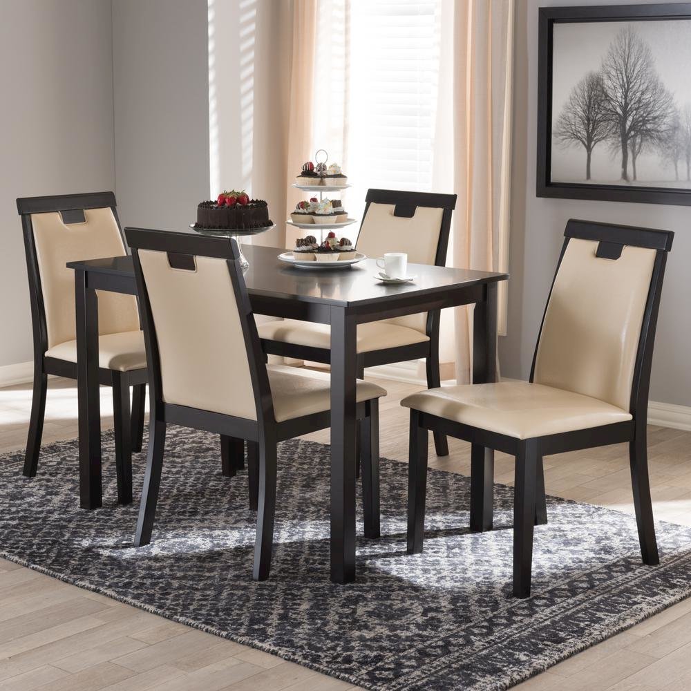 Beige Faux Leather Upholstered and Dark Brown Finished 5-Piece Dining Set. Picture 12