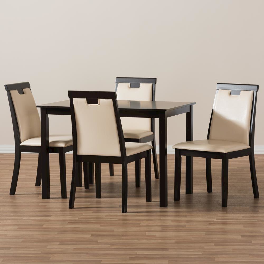 Beige Faux Leather Upholstered and Dark Brown Finished 5-Piece Dining Set. Picture 13