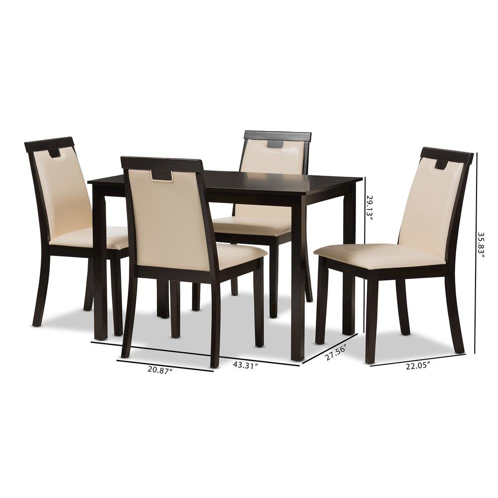 Beige Faux Leather Upholstered and Dark Brown Finished 5-Piece Dining Set. Picture 14