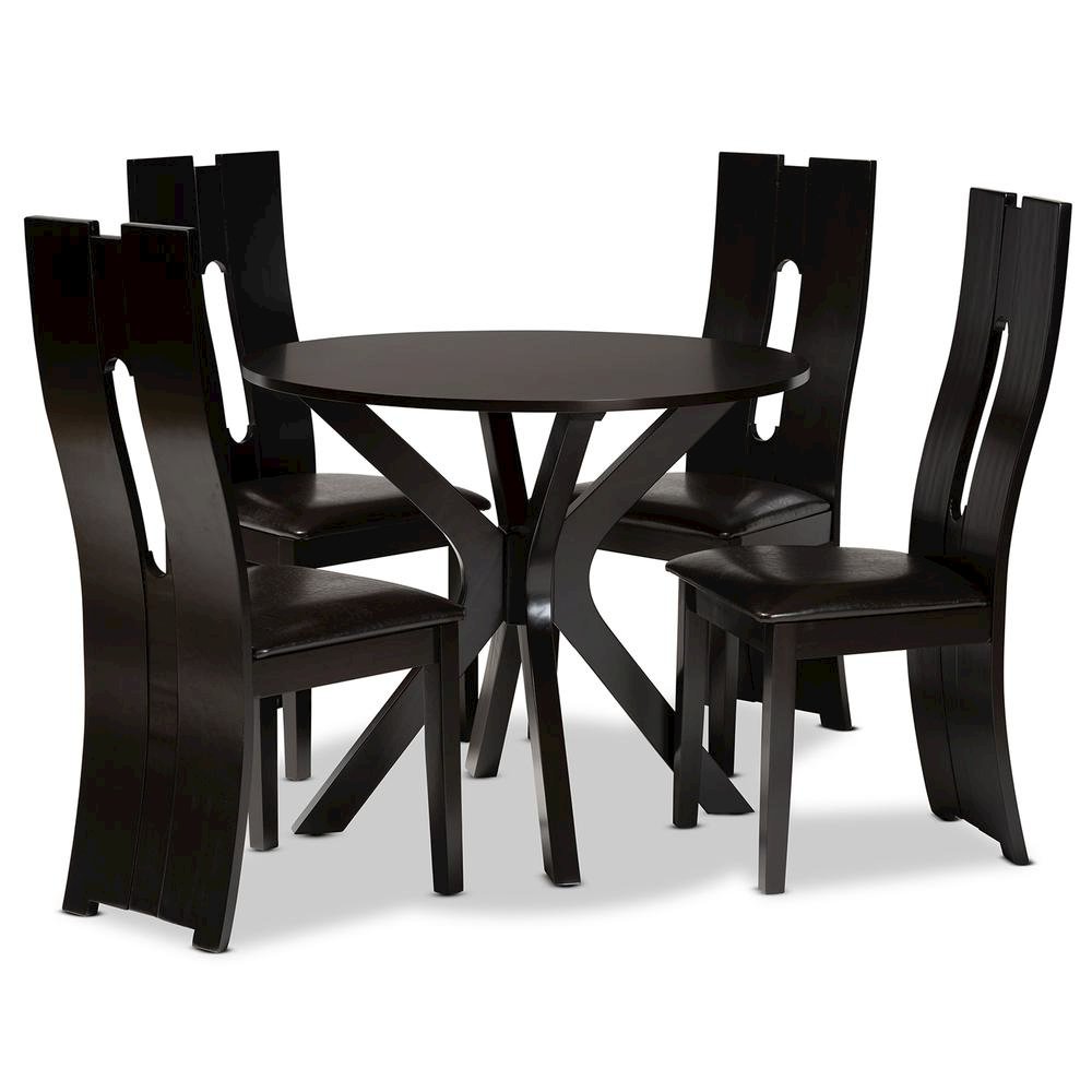 Leather Upholstered and Dark Brown Finished Wood 5-Piece Dining Set. Picture 10