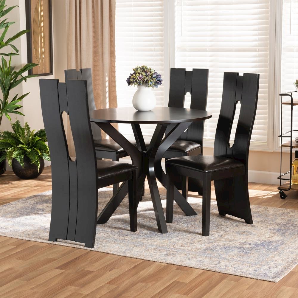 Leather Upholstered and Dark Brown Finished Wood 5-Piece Dining Set. Picture 16