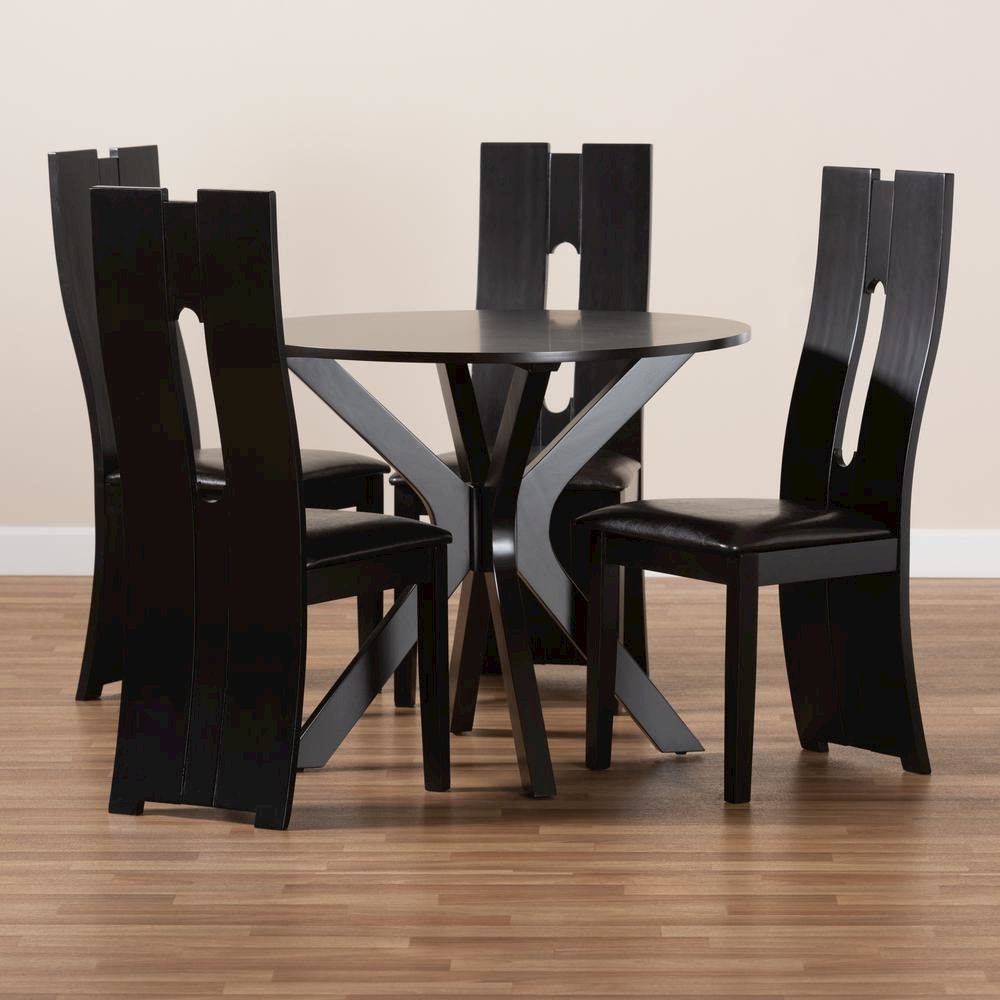 Leather Upholstered and Dark Brown Finished Wood 5-Piece Dining Set. Picture 17