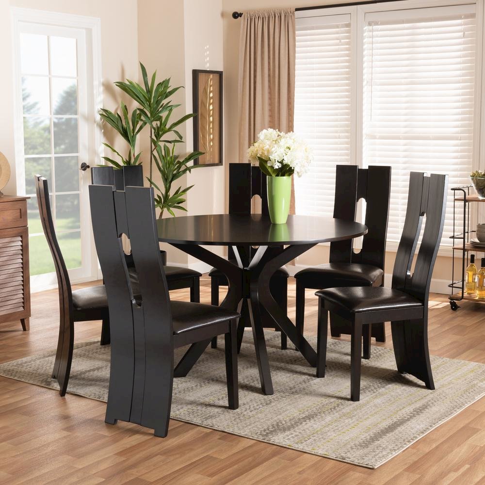 Leather Upholstered and Dark Brown Finished Wood 7-Piece Dining Set. Picture 16
