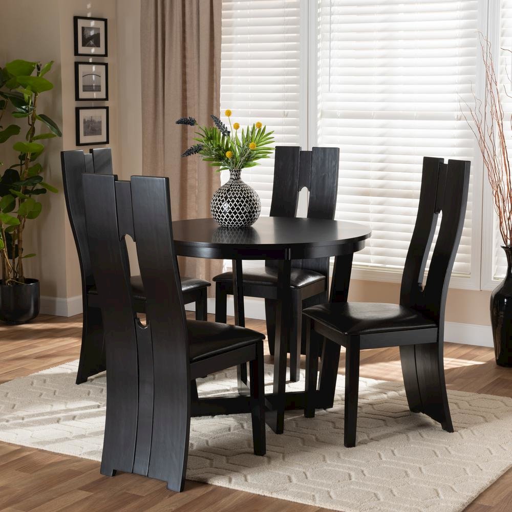 Leather Upholstered and Dark Brown Finished Wood 5-Piece Dining Set. Picture 16