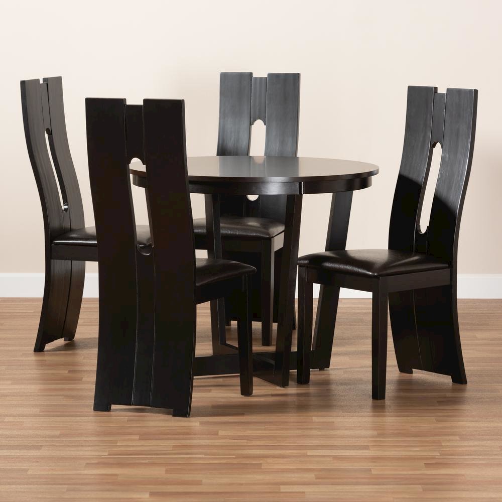 Leather Upholstered and Dark Brown Finished Wood 5-Piece Dining Set. Picture 17