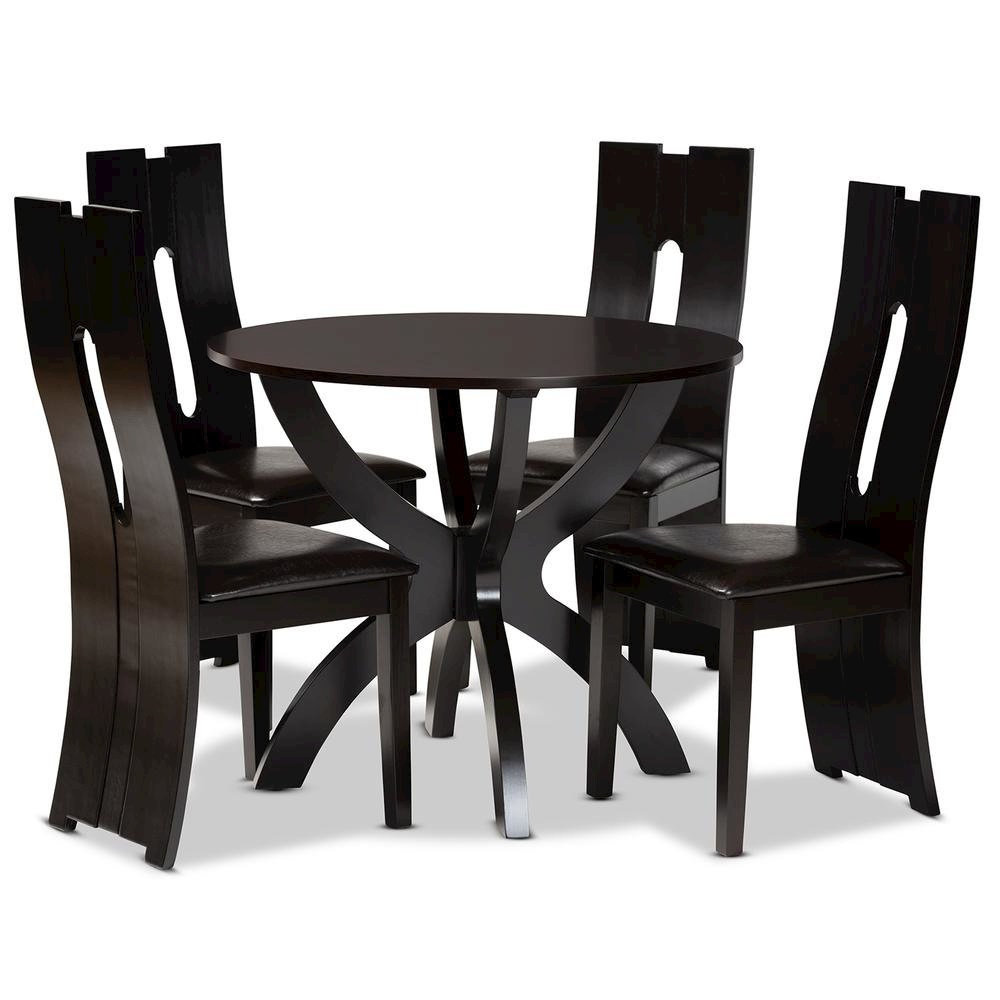 Leather Upholstered and Dark Brown Finished Wood 5-Piece Dining Set. Picture 10