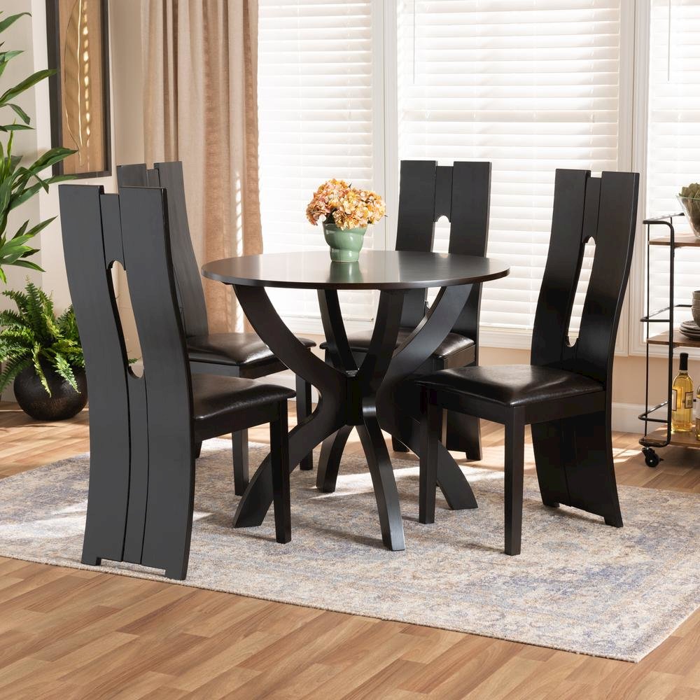 Leather Upholstered and Dark Brown Finished Wood 5-Piece Dining Set. Picture 16