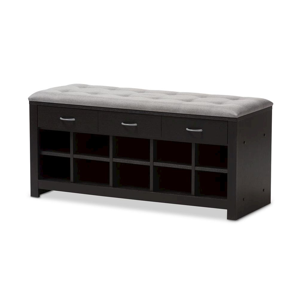 Espresso Finished Grey Fabric Upholstered Cushioned Entryway Bench. Picture 10