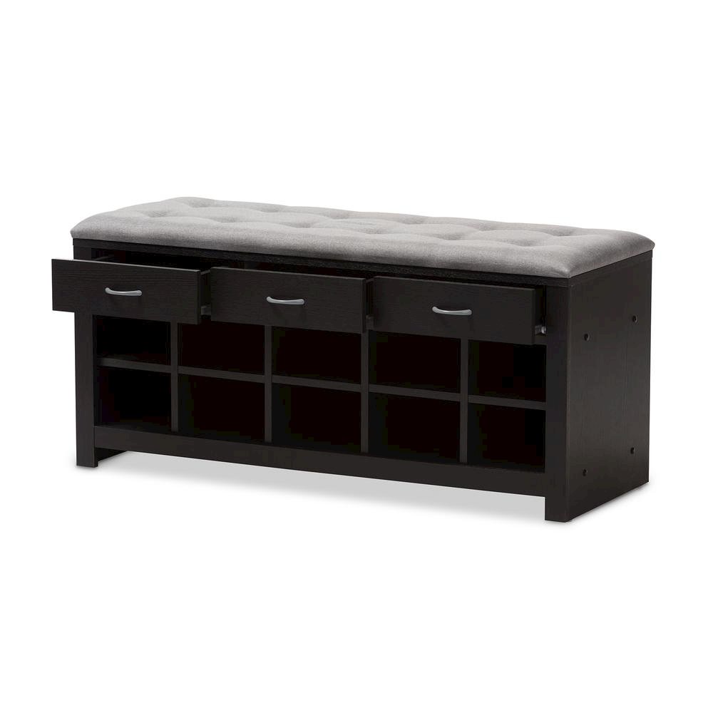 Espresso Finished Grey Fabric Upholstered Cushioned Entryway Bench. Picture 11