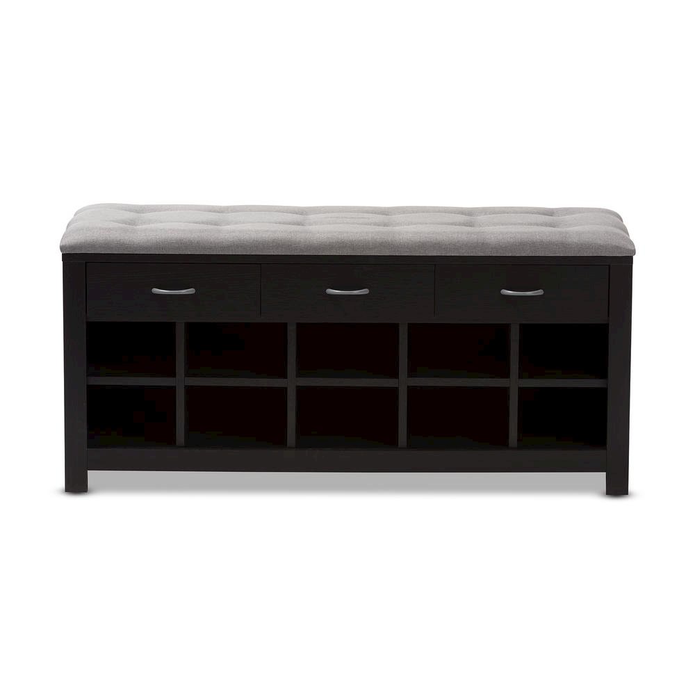 Espresso Finished Grey Fabric Upholstered Cushioned Entryway Bench. Picture 12