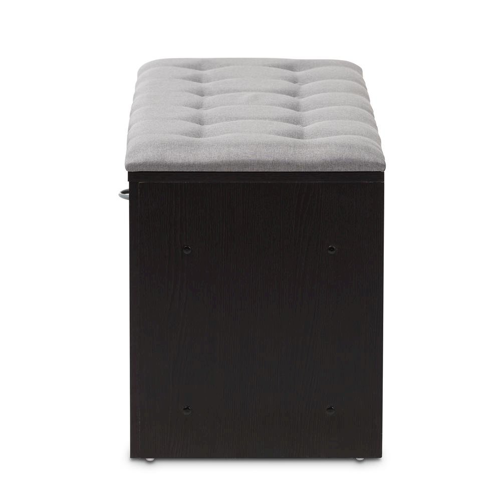 Espresso Finished Grey Fabric Upholstered Cushioned Entryway Bench. Picture 13