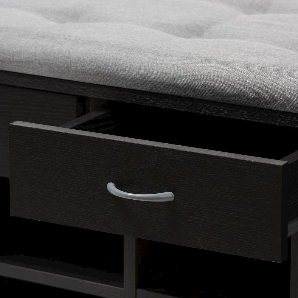 Espresso Finished Grey Fabric Upholstered Cushioned Entryway Bench. Picture 14