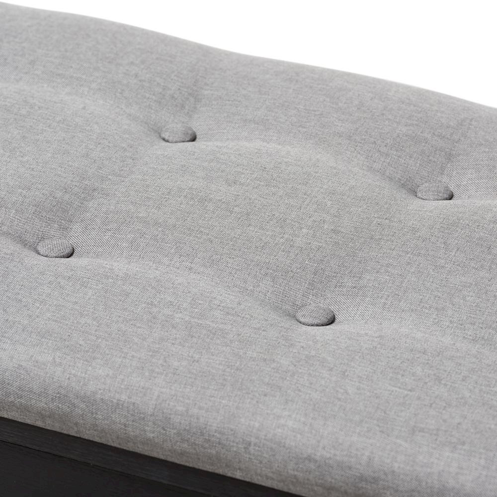 Espresso Finished Grey Fabric Upholstered Cushioned Entryway Bench. Picture 15