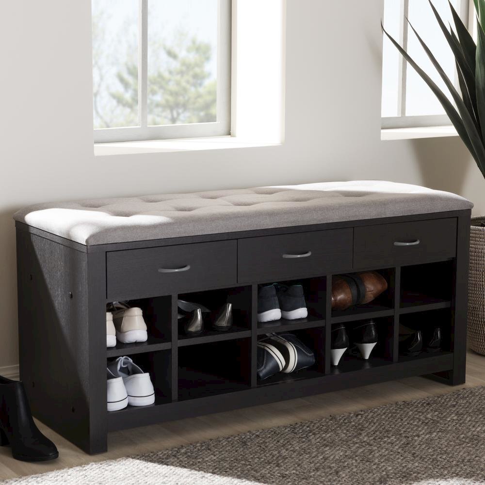 Espresso Finished Grey Fabric Upholstered Cushioned Entryway Bench. Picture 16