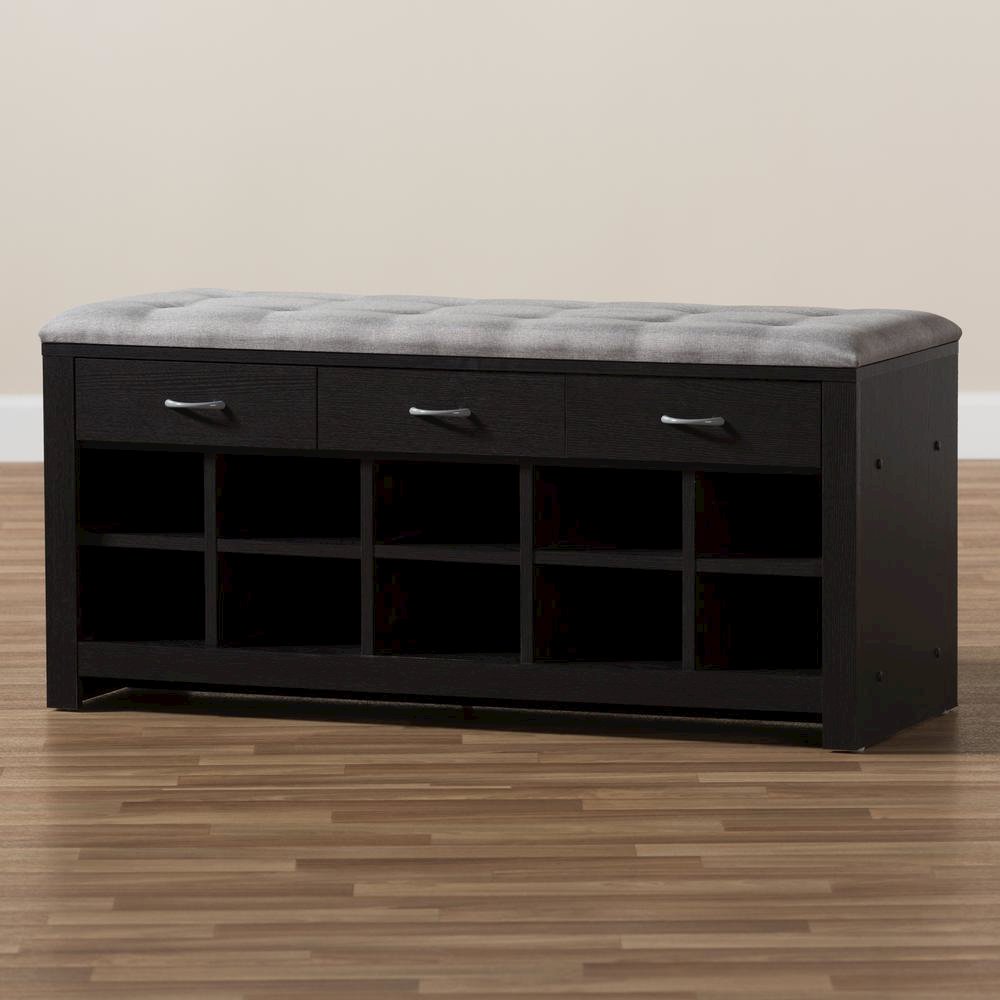 Espresso Finished Grey Fabric Upholstered Cushioned Entryway Bench. Picture 17