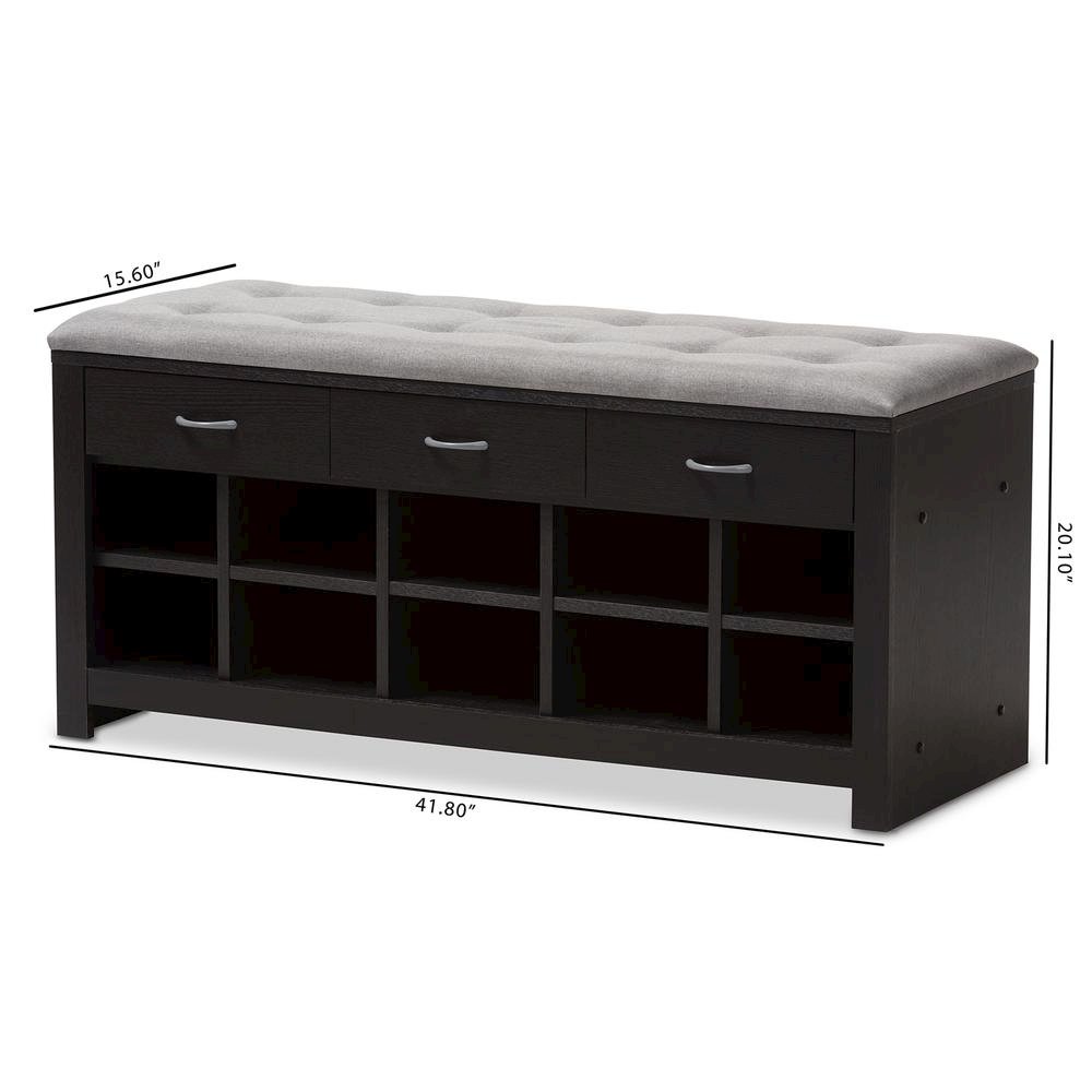Espresso Finished Grey Fabric Upholstered Cushioned Entryway Bench. Picture 18