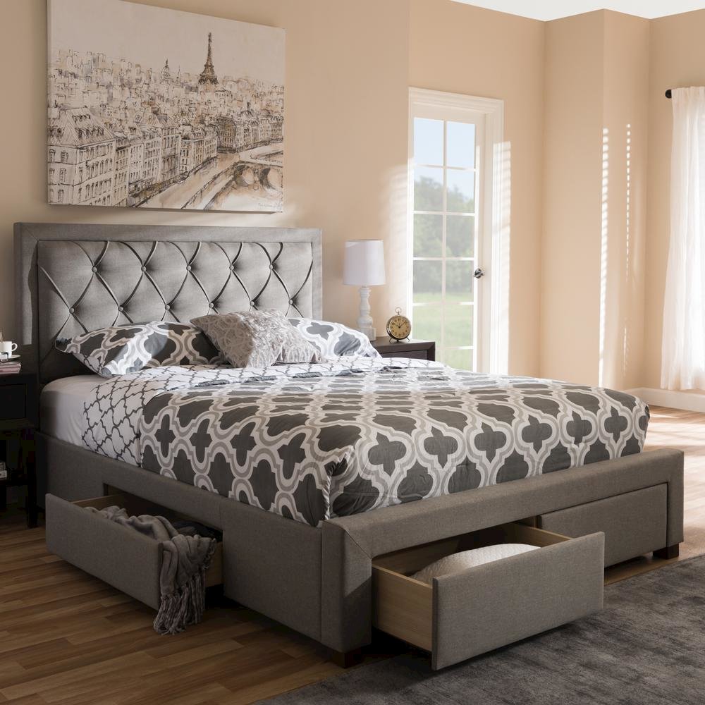 Light Grey Fabric Upholstered Queen Size Storage Bed. Picture 25