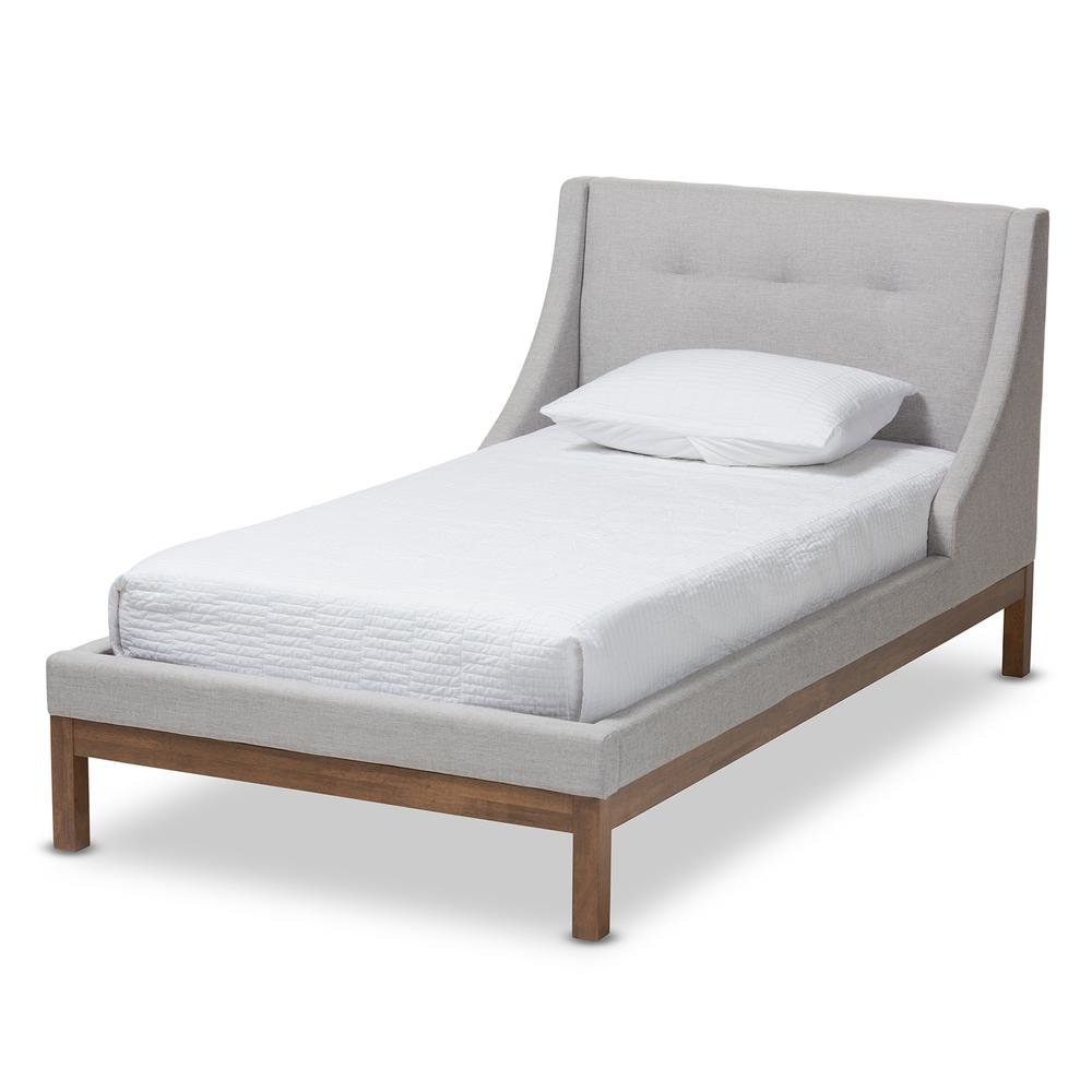 Greyish Beige Fabric Upholstered Walnut-Finished Twin Sized Platform Bed. Picture 9