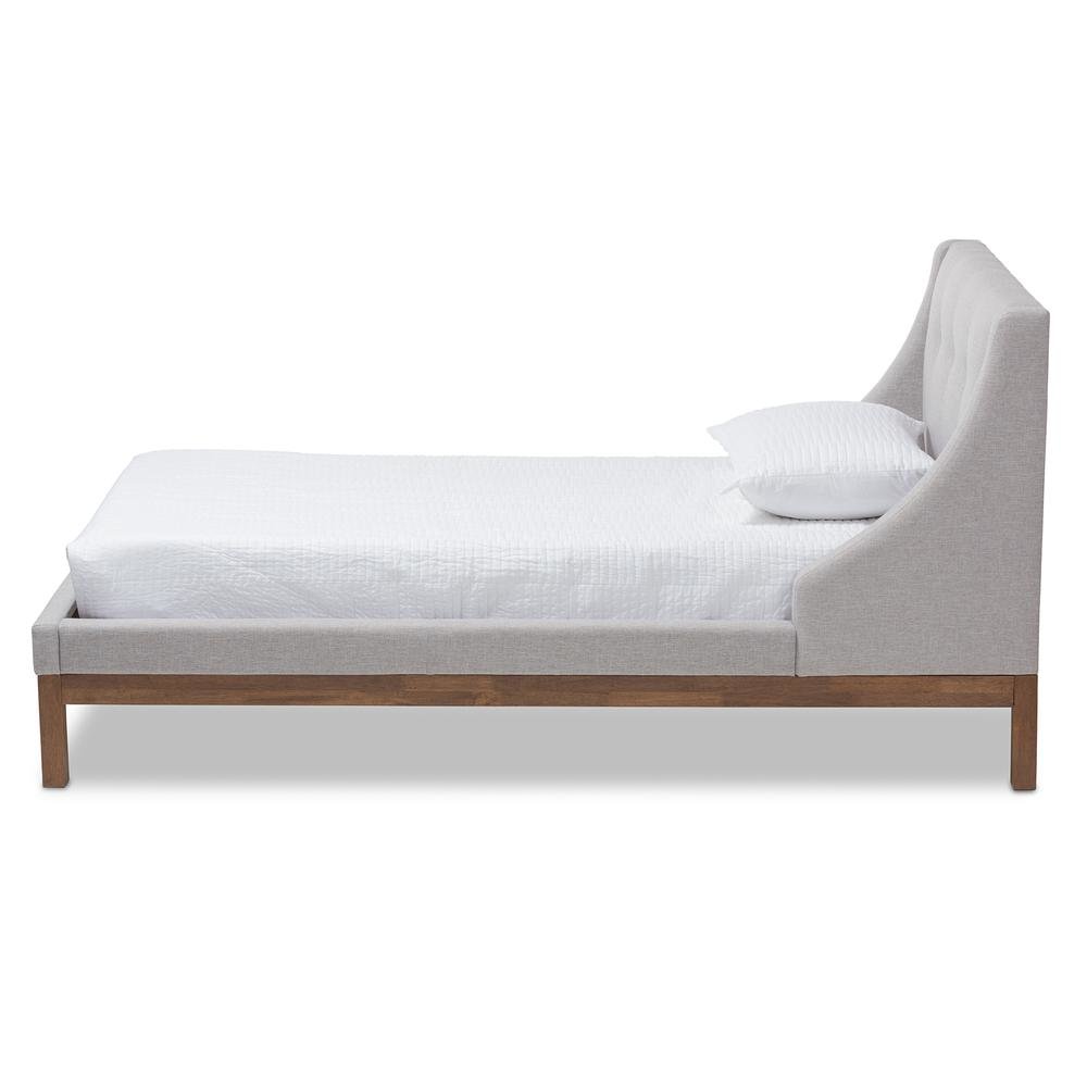 Greyish Beige Fabric Upholstered Walnut-Finished Twin Sized Platform Bed. Picture 10
