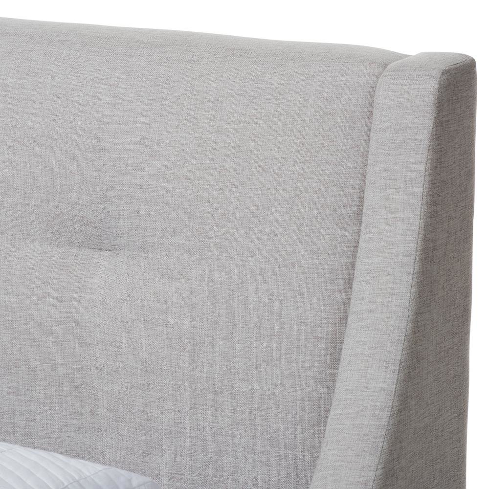 Greyish Beige Fabric Upholstered Walnut-Finished Twin Sized Platform Bed. Picture 12