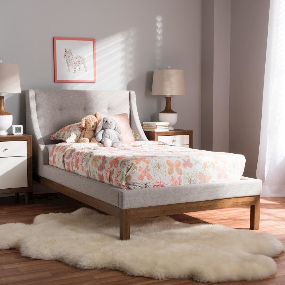 Greyish Beige Fabric Upholstered Walnut-Finished Twin Sized Platform Bed. Picture 14
