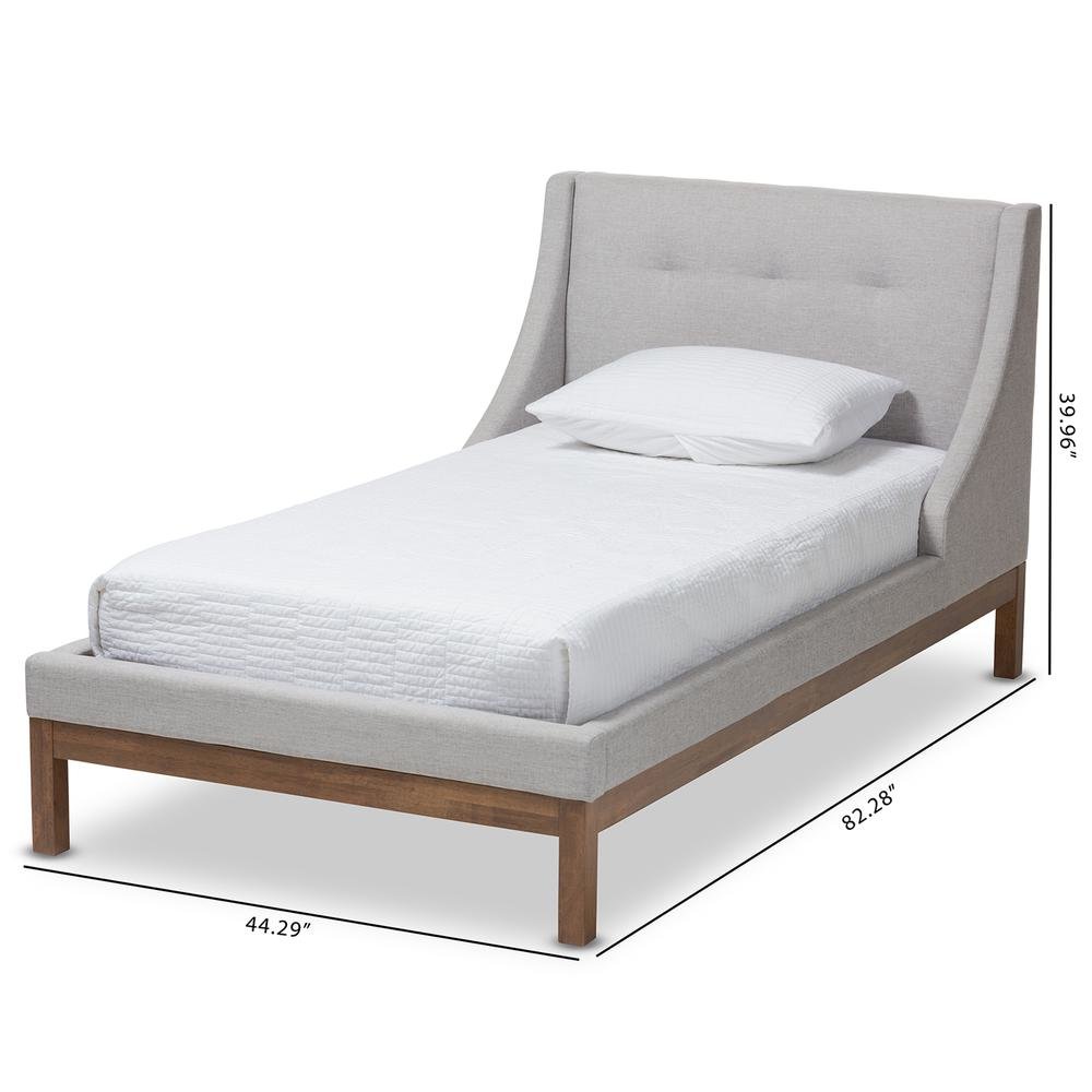 Greyish Beige Fabric Upholstered Walnut-Finished Twin Sized Platform Bed. Picture 16
