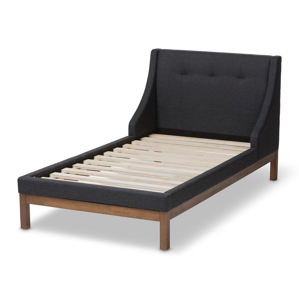 Dark Grey Fabric Upholstered Walnut-Finished Twin Sized Platform Bed. Picture 11